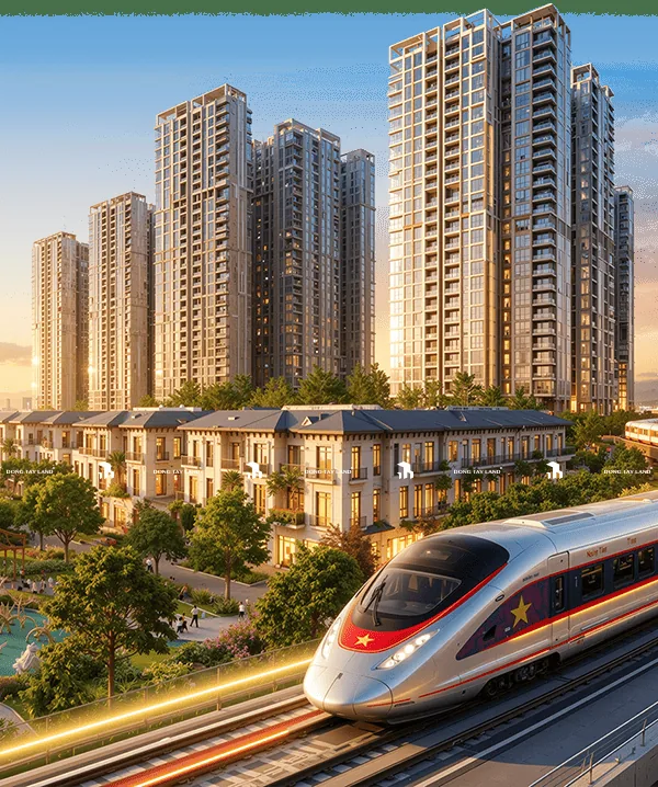 Phối cảnh tháp căn hộ Imperia Sensa Park bên tuyến metro trên cao