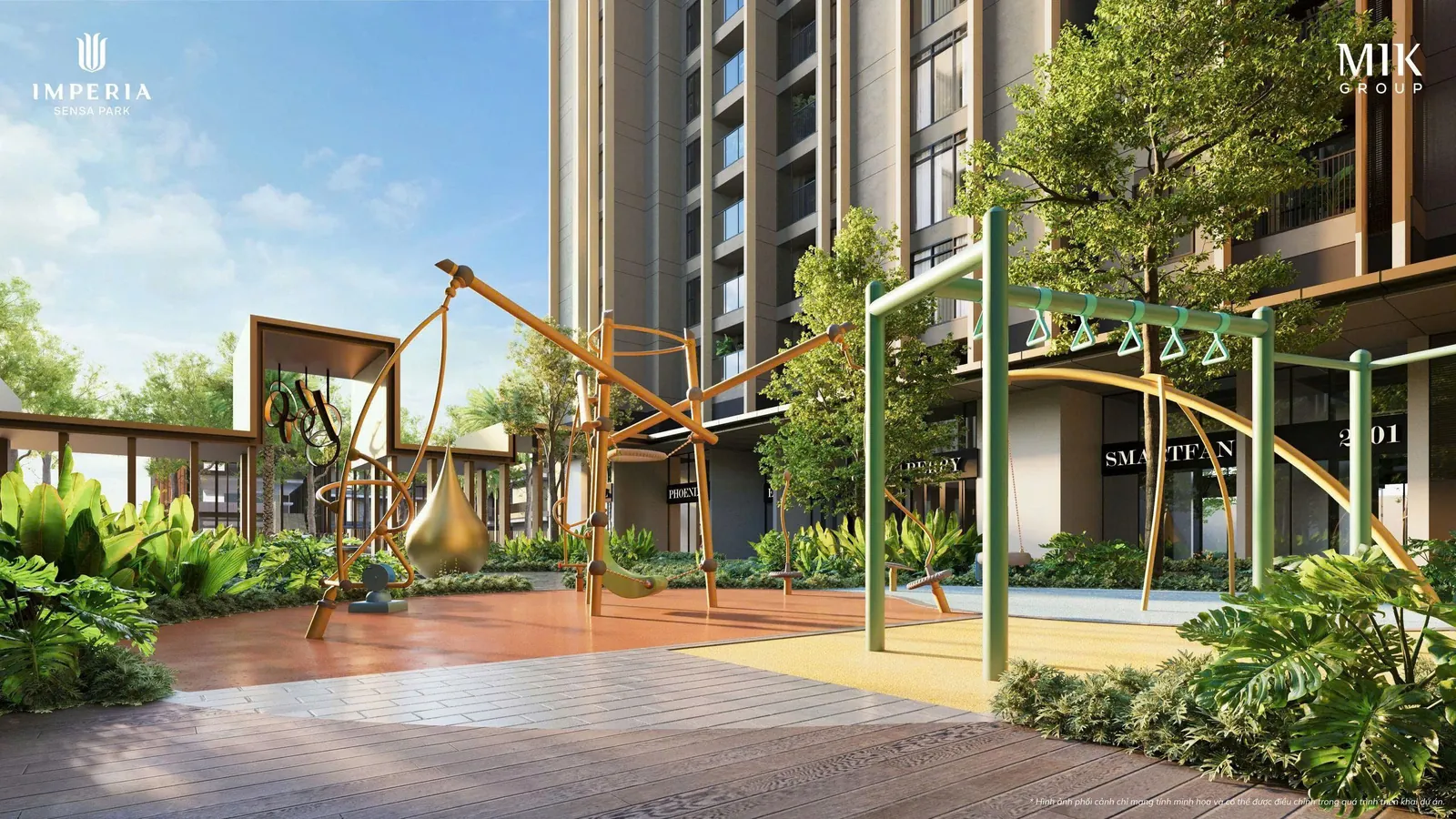 Khu vận động ngoài trời có xà đơn, khung leo dưới chân tháp Imperia Sensa Park, cách khu thể thao Rạch Chiếc 5 phút