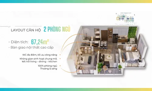 Mặt bằng layout căn hộ 2 phòng ngủ Imperia Sensa Park diện tích 67,24 m2