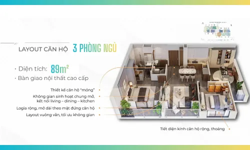 Mặt bằng layout căn hộ 3 phòng ngủ Imperia Sensa Park diện tích 89 m2