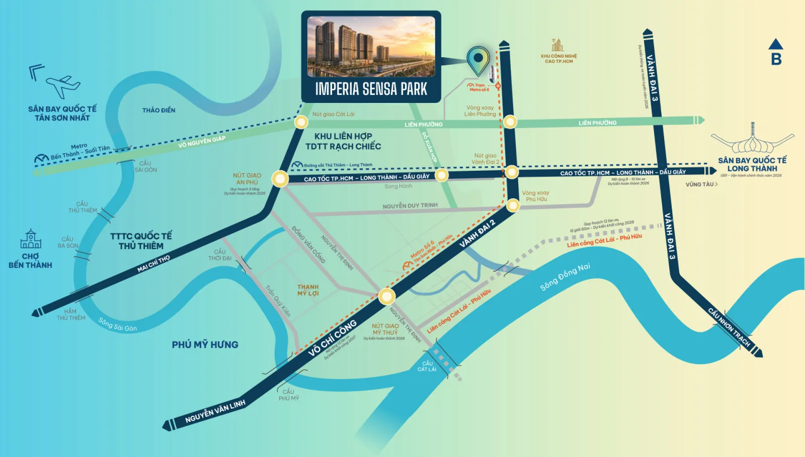 Sơ đồ liên kết vùng Imperia Sensa Park với metro, cao tốc, sân bay Long Thành và trung tâm Thủ Thiêm