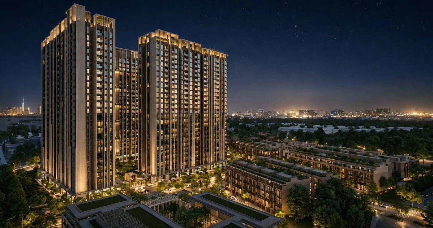 Phối cảnh Imperia Sensa Park về đêm, hai tháp căn hộ và khu thấp tầng