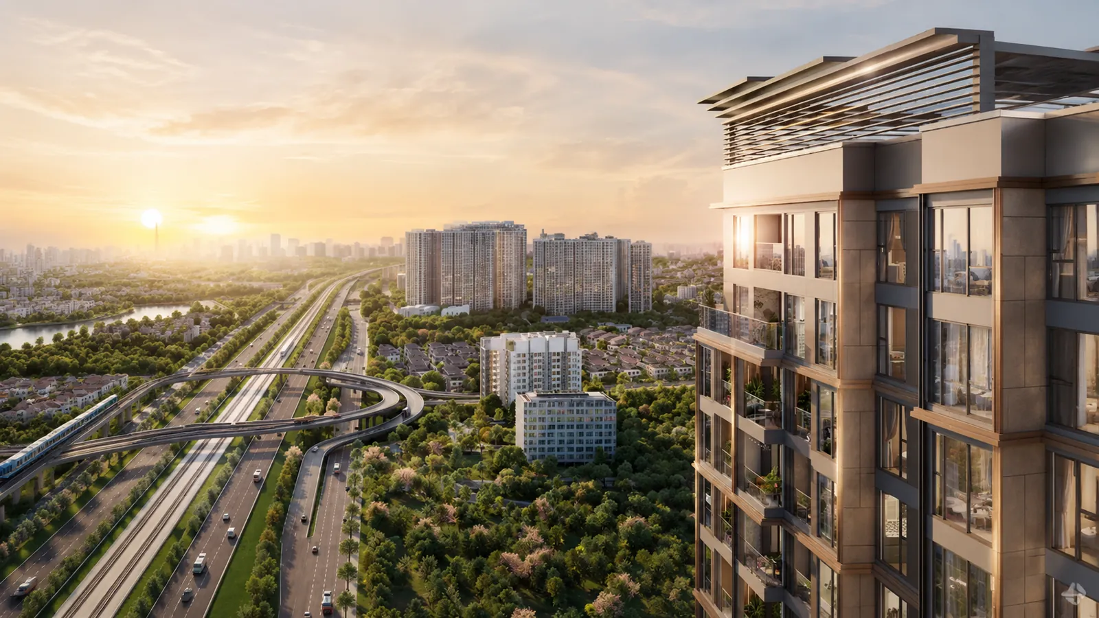 Phối cảnh khu thấp tầng Imperia Sensa Park nhìn từ trên cao, giáp trục cao tốc