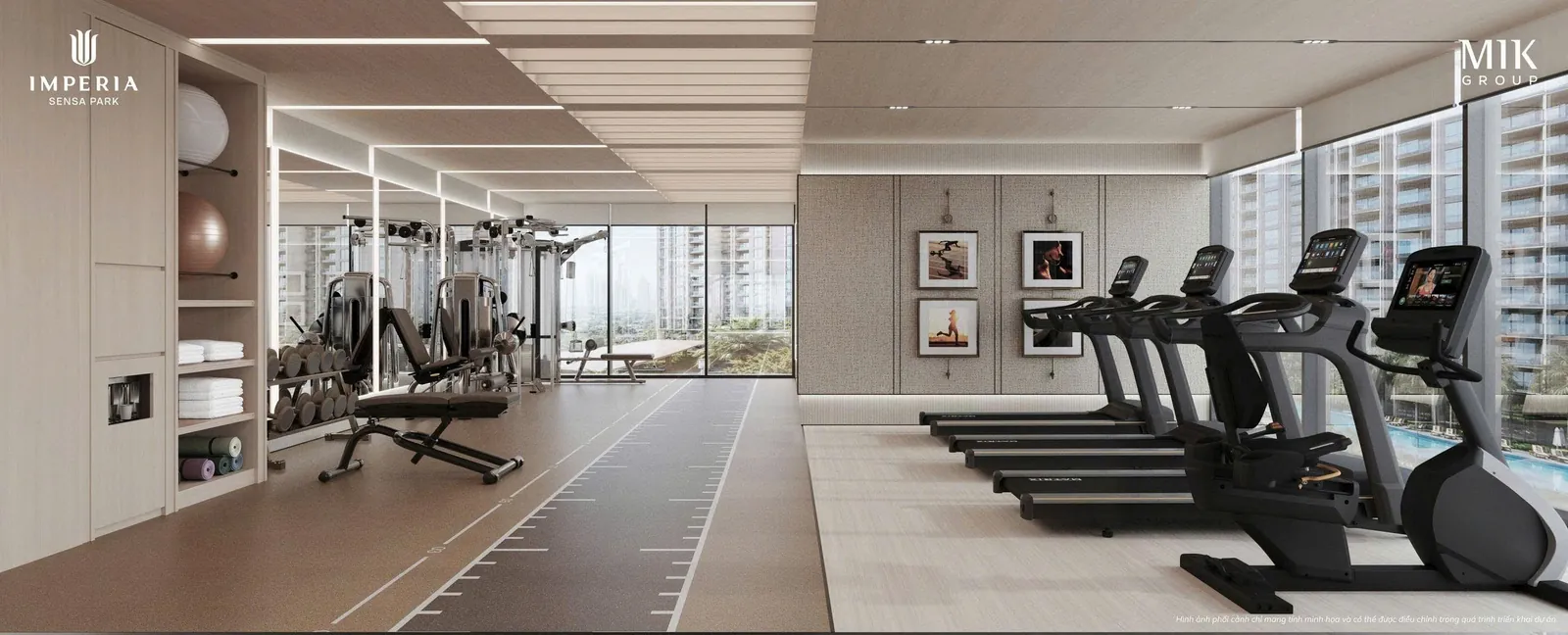 Phòng gym Imperia Sensa Park với máy chạy bộ, khu tạ và vách kính nhìn ra hồ bơi, gần khu thể thao Rạch Chiếc