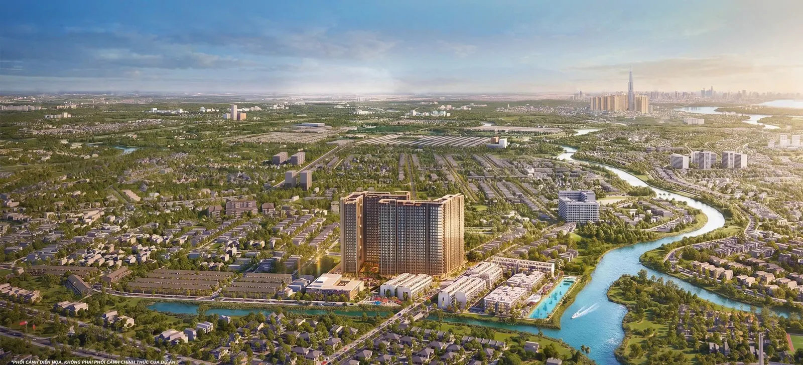 Toàn cảnh khu Đông TP.HCM nhìn từ Imperia Sensa Park, sông uốn quanh và Landmark 81 phía xa