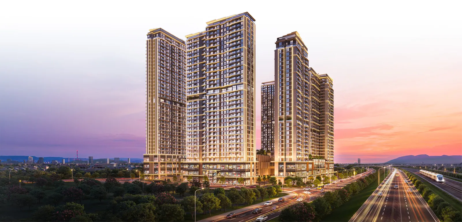 Tổng quan hai tháp căn hộ Imperia Sensa Park lúc hoàng hôn